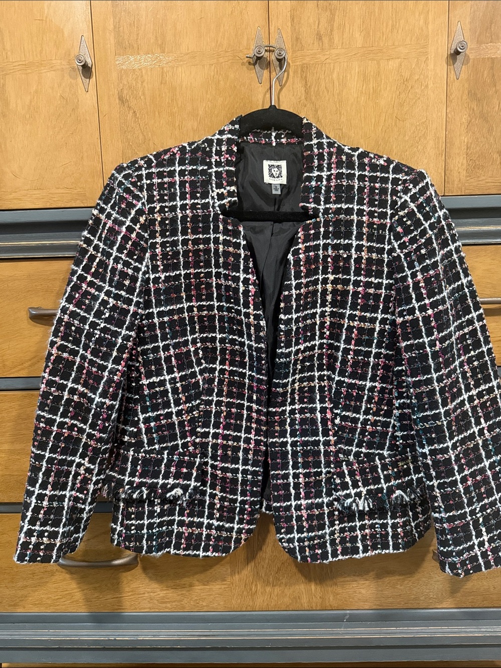 Women's Anne Klein Black Tweed Open-Front Jacket with Pink & White Accents